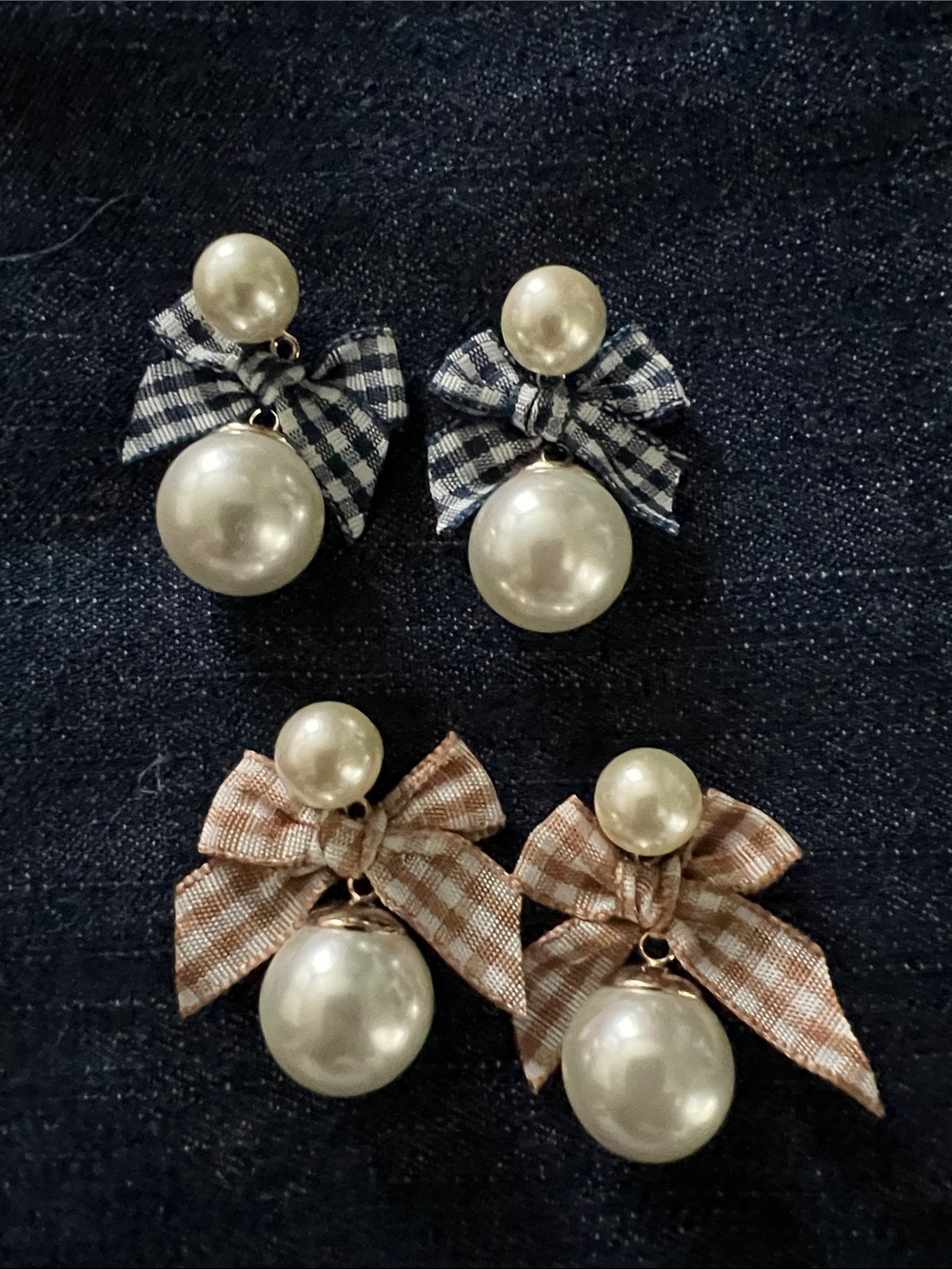 Pearl Bow Drop Earrings - Navy and Tan Options